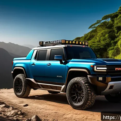 지엠 GMC 허머 EV와 리비안 R1T 비교 - A rugged and futuristic electric pickup truck resembling the GMC Hummer EV, parked on a steep Brazil...