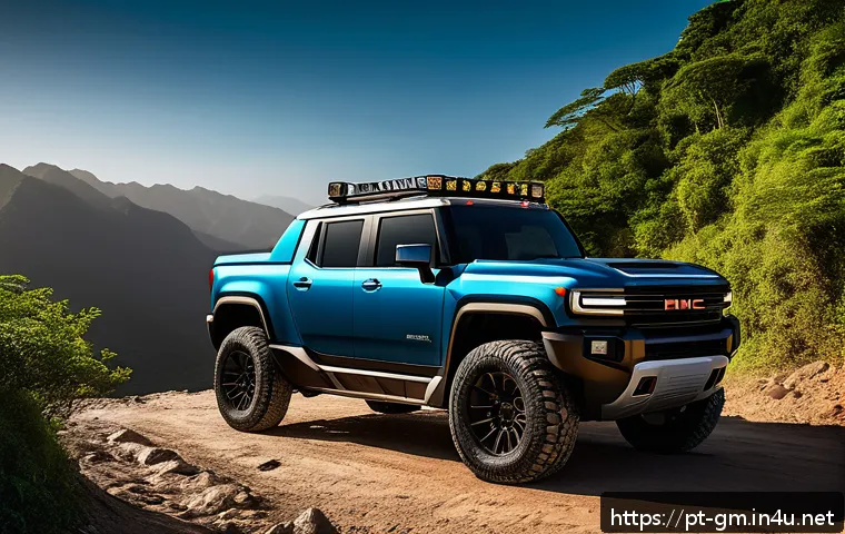 지엠 GMC 허머 EV와 리비안 R1T 비교 - A rugged and futuristic electric pickup truck resembling the GMC Hummer EV, parked on a steep Brazil...