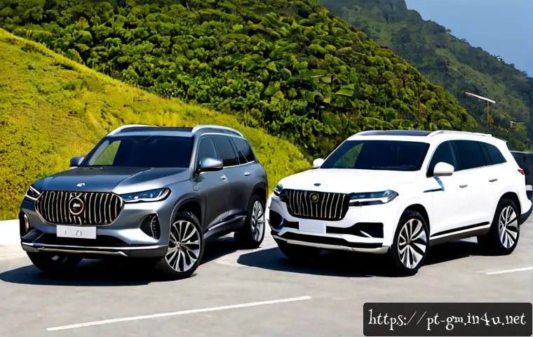 Home 15 지엠 GMC 유콘 디젤과 가솔린 모델 차이 - Photorealistic side-by-side comparison of two full-size luxury SUVs inspired by modern American desi...